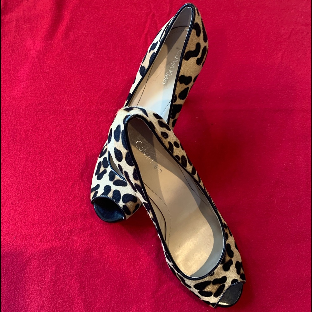 Calvin Klein Calf Hair Leopard Peep Toe Platforms